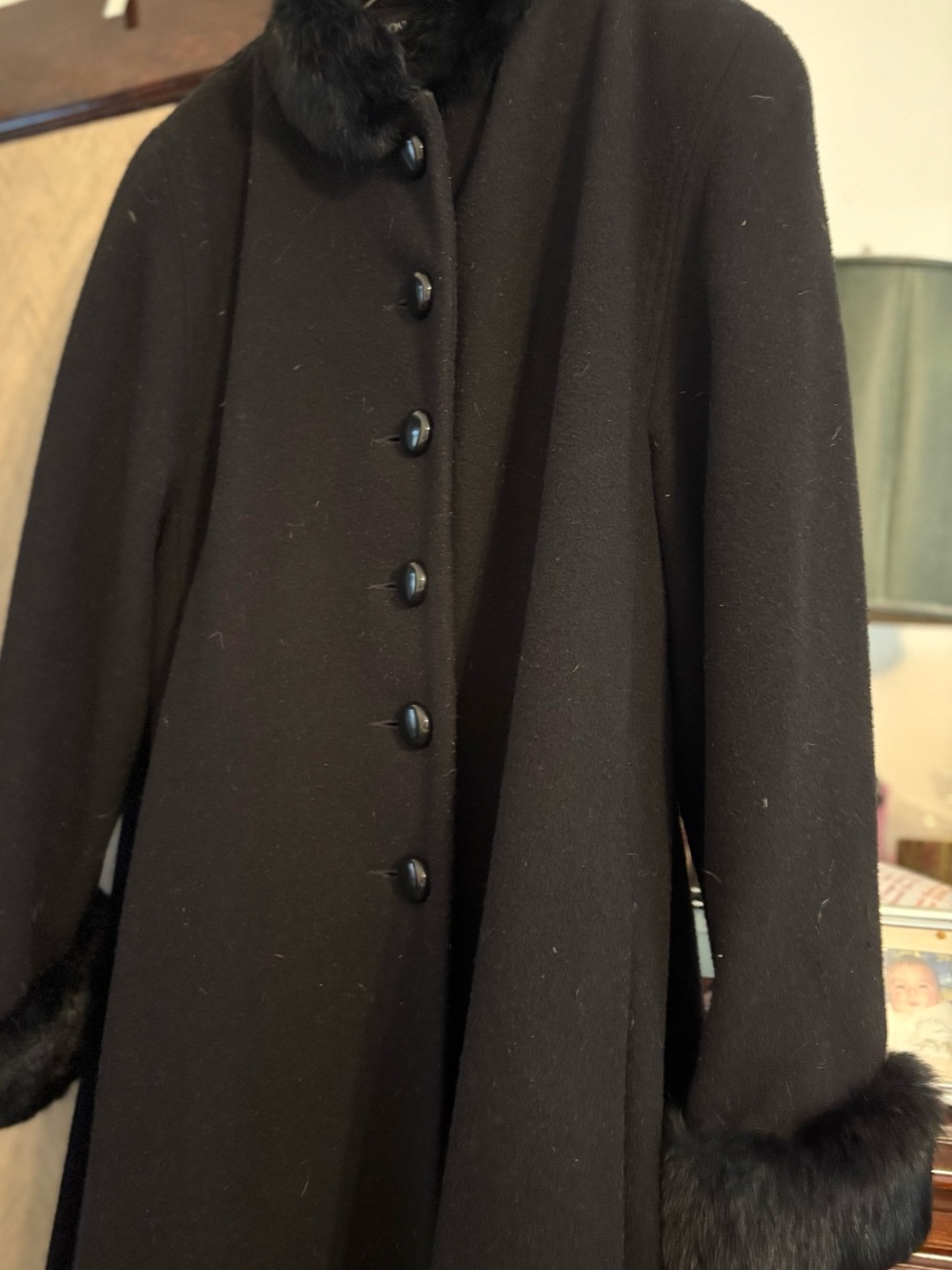Women's Black Wool Pea Coat with Fur Trim